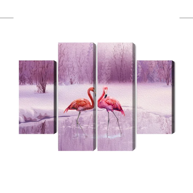 Image multi-pièces de flamants roses sur fond de paysage violet