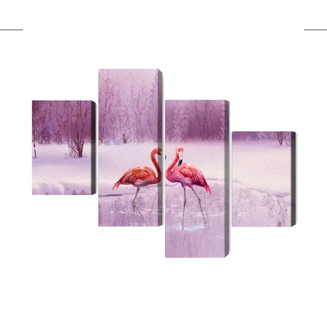 Image multi-pièces de flamants roses sur fond de paysage violet