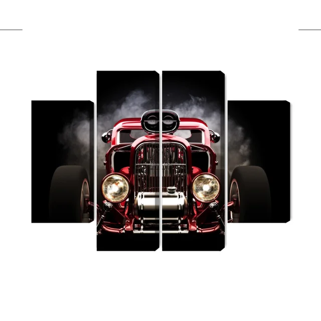 Imagem de um carro hot rod de várias peças em um fundo de fumaça