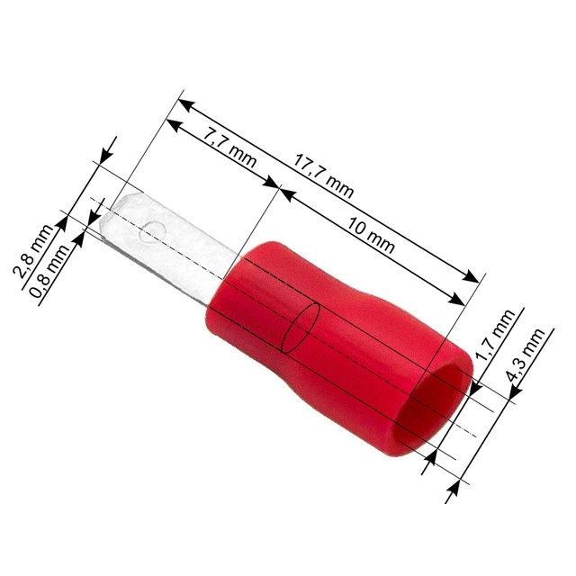 Insulated flat male connector 2,8/0,8 100 Pcs