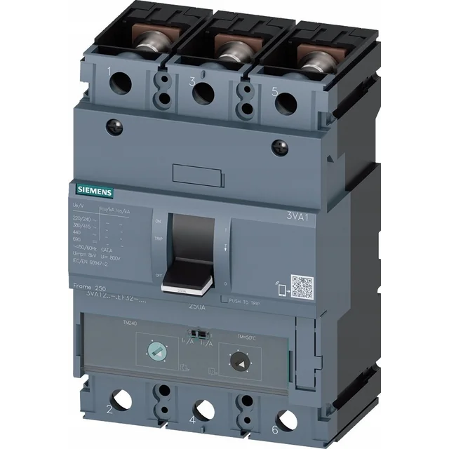 Interrupteur d'alimentation Siemens 3P 250A Icu=36kA 415V Déclencheur AC TM240 Raccords à vis LI 3VA1225-4EF32-0AA0