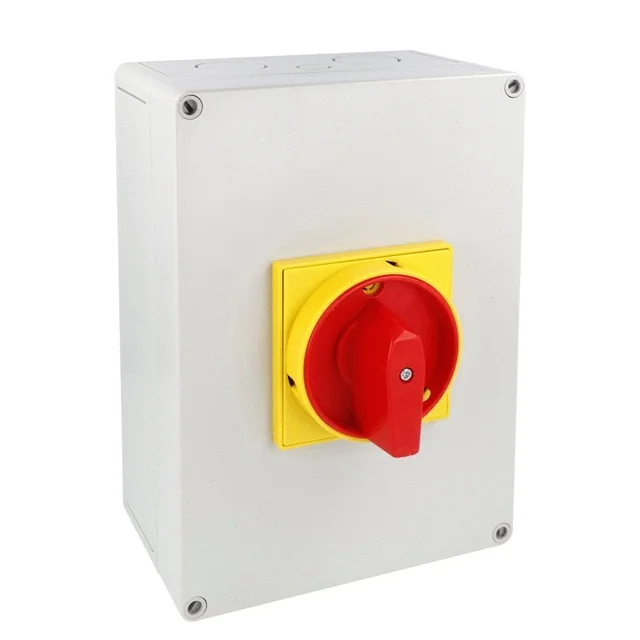 Interruptor 125A 37kw 0-1 ON-OFF 3 poli IP65 254x180mm con leva industrial aplicada en caja con mango rojo amarillo