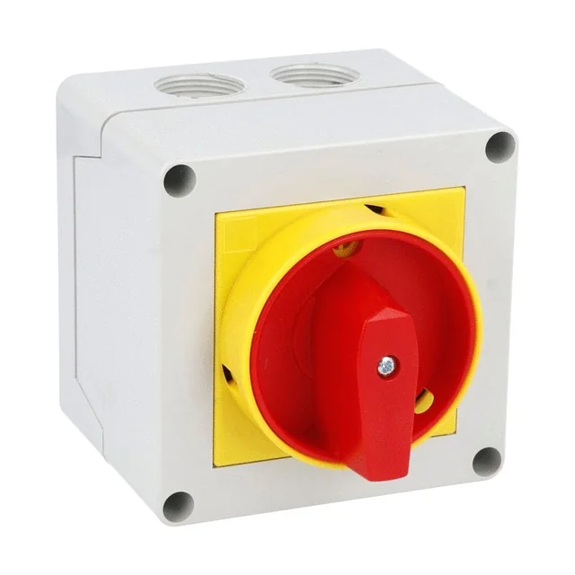 Interruptor 20A 5.5kw 0-1 ON-OFF 3 poli IP65 75x75mm con leva industrial aplicada en caja con mango rojo amarillo