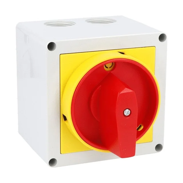 Interruptor 32A 11kw 0-1 ON-OFF 3 poli IP65 90x90mm con leva industrial aplicada en caja con mango rojo amarillo