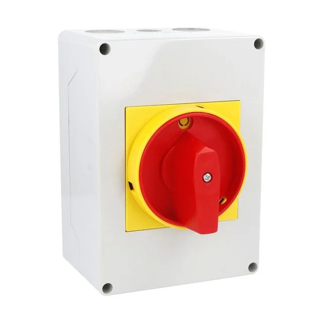 Interruptor 63A 18.5kw 0-1 ON-OFF 3 poli IP65 125x175mm con leva industrial aplicada en caja con mango rojo amarillo