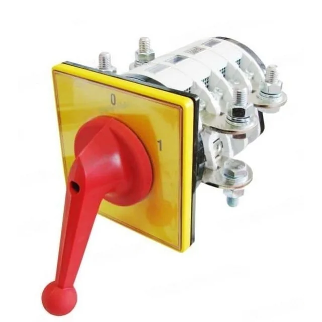 Interruptor industrial de leva incorporado ON-OFF Koncar 3P 400A 0-1 IP40 con placa de emergencia amarilla 132x132mm y maneta roja