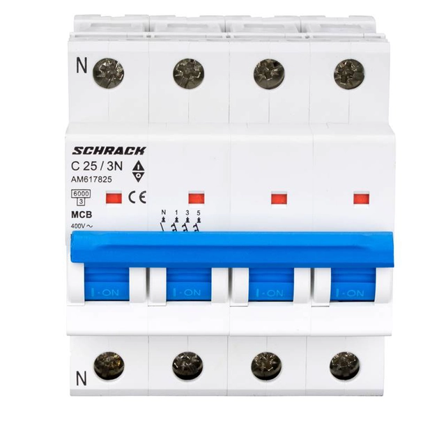 Întreruptor automat modular (MCB) 6kA, C 25A, 3P+N, Schrack