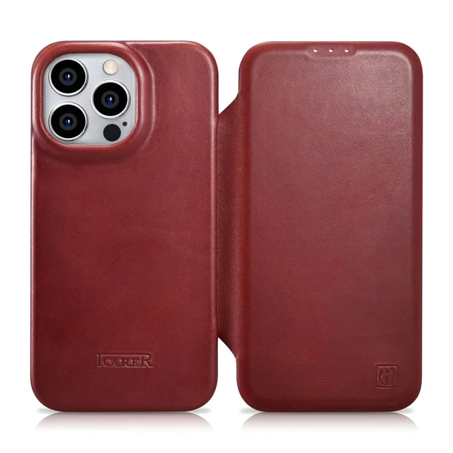 iPhone 14 Pro Leather Case with Flip Magnetic MagSafe CE Oil Wax Premium Leather Burgundy