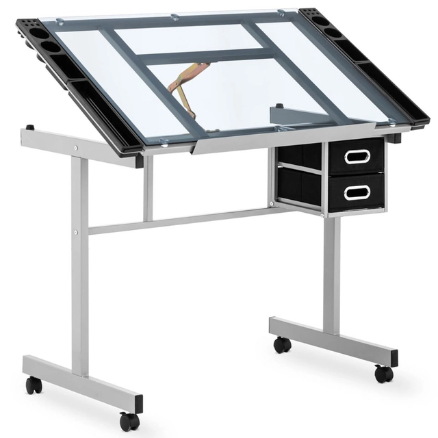 Íróasztal, mobil üveg rajzasztal fiókokkal rajzoláshoz és vázlatkészítéshez, 104x60 cm