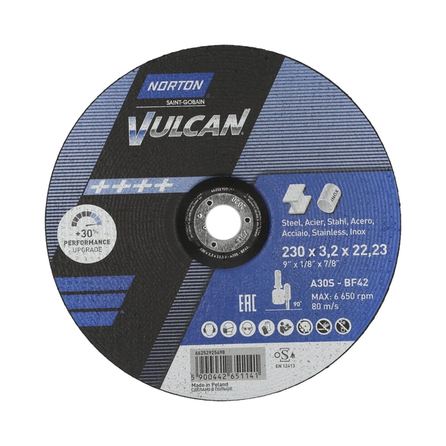 Išgaubtas pjovimo diskas „Norton Vulcan 230x3.2x22.23 inox metal“ kampiniam šlifuokliui
