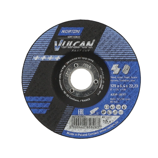 Išgaubtas šlifavimo diskas Norton Vulcan 125x6,4x22,23 metalinis inox kampiniam šlifuokliui