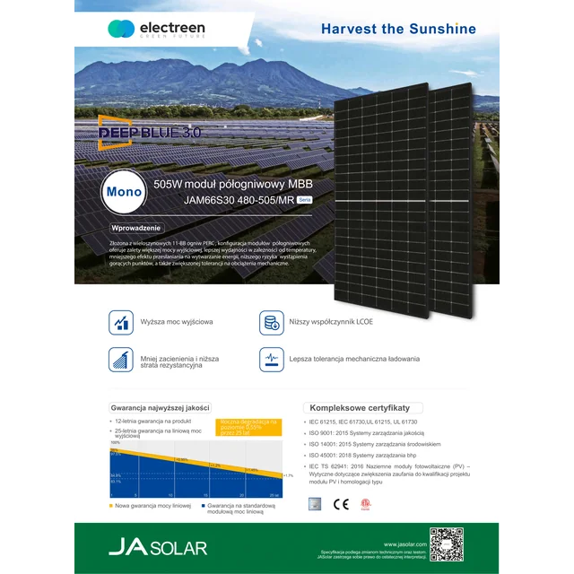 JA Panou solar solar 500W cadru negru