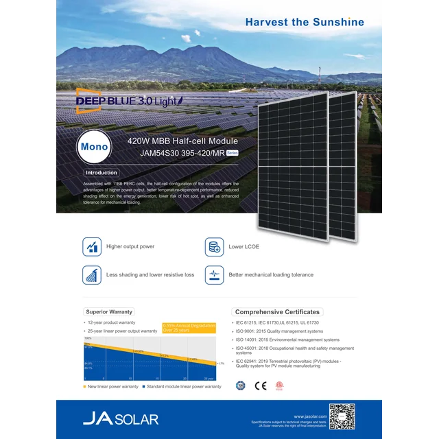 JA Solar 405W JAM54S30-405/MR Fekete keret