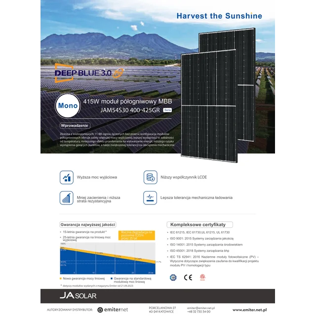 JA Solar JAM54S30-415W/GR 1000V Μαύρο πλαίσιο