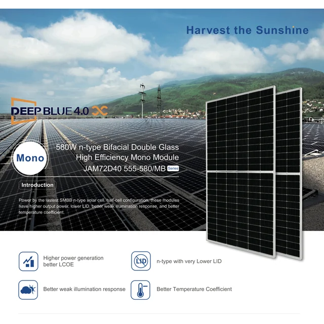 JA Solar JAM72D40-570/MB_SF (bifacial, tipo n, moldura prateada)