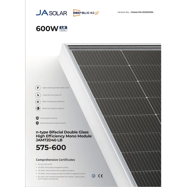 JA Solar JAM72D40 595 LB Sølvramme