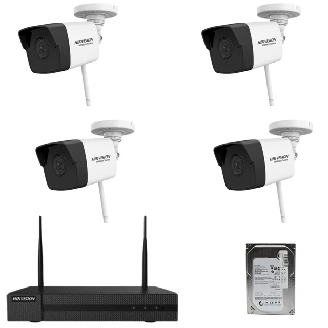 Järelevalvekomplekt 4 Hikvision HiWatchi juhtmevabad kaamerad 2MP, 30m IR, objektiiv 2.8mm, NVR 4 HDD kanalid kaasas