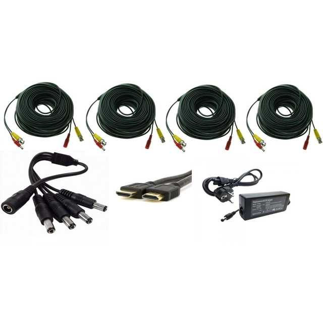 Järelevalvesüsteemi tarvikukomplekt 4 kaameratele, ühendamisvalmis kaablid, HDMI-kaabel, toiteallikas, jaotur