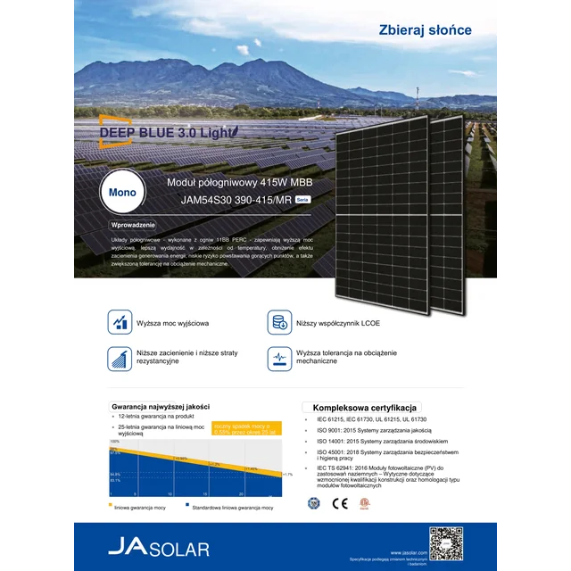 JaSolar fotovoltaikus panelmodul 415W 415Wp JAM54S30 - 415/MR Fekete, fekete félbevágott keret 415 W Wp