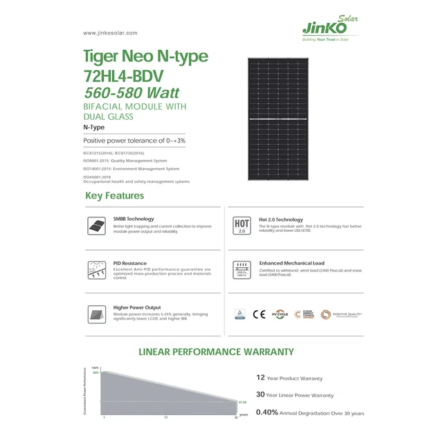 Jinko Photovoltaic Module 580W JKM580N-72HL4-BDV NType Bifacial Dual Glass Silver Frame