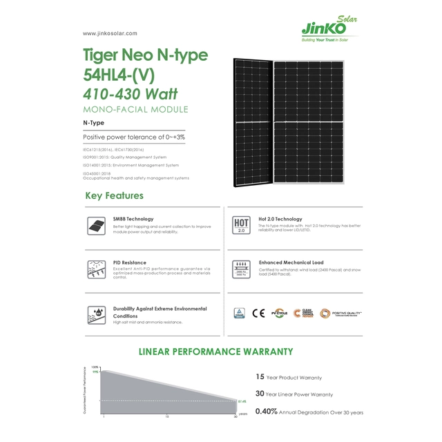 Jinko Solar JKM415N-54HL4-V BF Ntype // Jinko Solar 415W Μαύρο Πλαίσιο ηλιακού πάνελ τύπου N