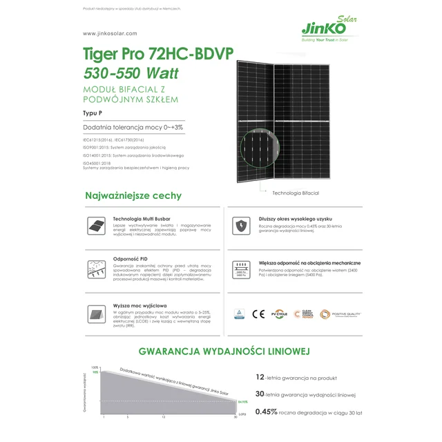 JINKO TIGER NEO fotoelementu paneļa modulis 540W bifacials 540Wp JKM540M-72HL4-BDVP bifacials sudraba pusgriezts rāmis 540 W Wp