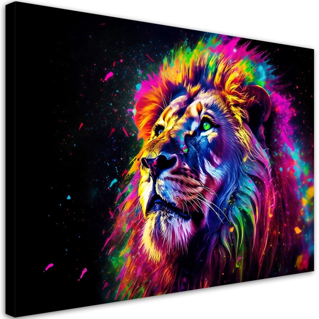 Kanvas apdruka, krāsaina neona lauva —100x70