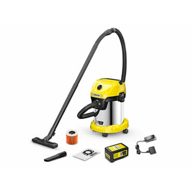 Karcher WD 3-18 S bezvadu putekļsūcējs 18 V | 17 l | L| Oglekļa suka | 1 x 5 Ah akumulators + lādētājs