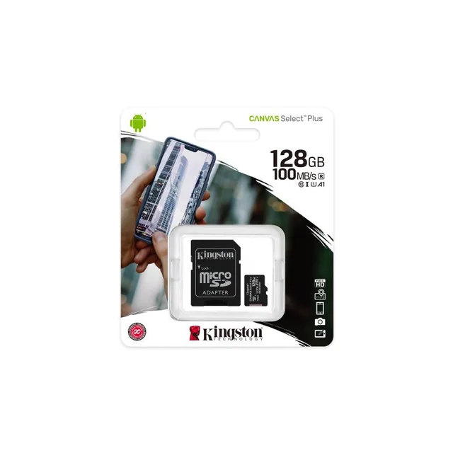 Kingston Canvas Select Plus MicroSD memory card, 128GB, 100MB/s, with adapter