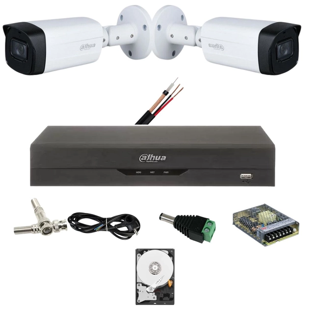 Kit 2 Dahua overvågningskameraer 5 MP, IR 80M, linse 3.6mm, Starlight, DVR Dahua 4 kanaler, 5 MP, Tilbehør