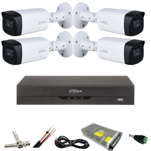 Kit com 4 câmeras de vigilância Dahua 5 MP, IR 80M, lente 3.6mm, Starlight, DVR Dahua 4 canais, 5 MP, Acessórios