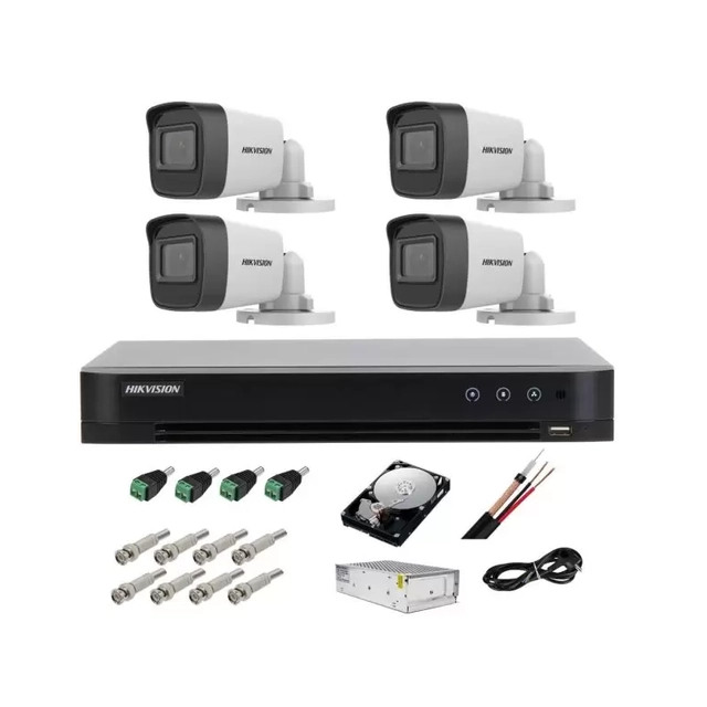 Kit complet supraveghere 5 MP lite Hikvision Turbo HD cu 4 camere Bullet IR 20m,alimentatori, cabluri, mufe, HDD 1 Tb, vizualizare pe internet