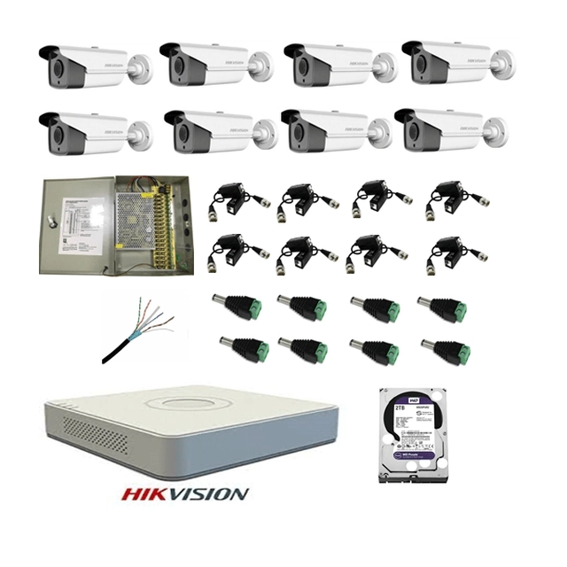 Kit completo sistema 8 cámaras de vigilancia exterior HIKVISION FULL HD 40 m IR duro 2 TB