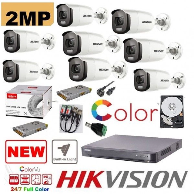 Kit de surveillance 8 Caméras professionnelles Hikvision 2mp Color Vu avec IR 40m (couleur nuit), accessoires inclus, disque dur 2TB
