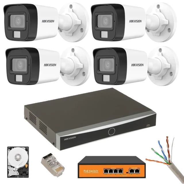 Kit de surveillance Hikvision 4 Caméras IP 8MP Double lumière IR 30m Lumière blanche 30m Microphone NVR 12MP 4 Canaux HDD Accessoires inclus