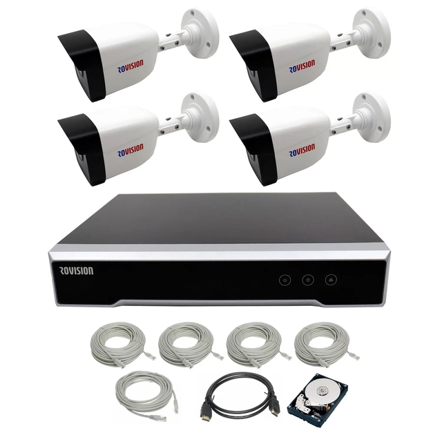 Kit de surveillance IP 4 caméras POE extérieures 30m Full HD 2MP, infrarouge, prêtes à être configurées avec disque dur 1 TB WD avec application mobile et câbles 18 compteurs