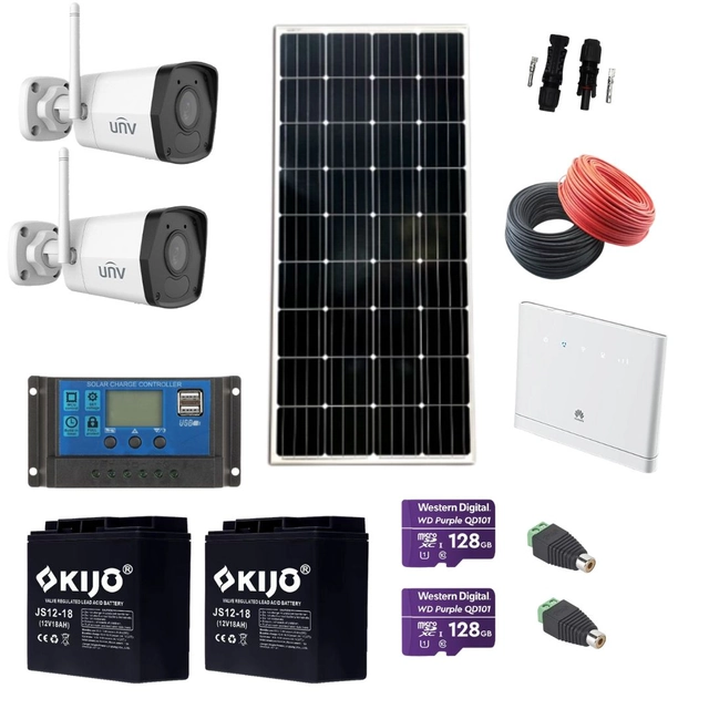 Kit de surveillance Panneau solaire 170W, Caméra IP Wi-Fi 2MP, Smart IR 30M, Carte mémoire 128GB, Batteries 12V, Routeur sans fil Huawei 4G, Accessoires