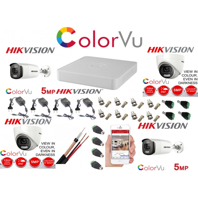 Kit de surveillance professionnel mixte Hikvision Color Vu 4 caméras 5MP IR40m et IR20m, accessoires complets