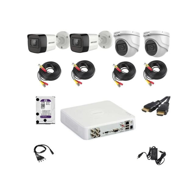 Kit de vidéosurveillance Hikvision 5MP composé de 2 caméras intérieures 2 caméras extérieures DVR 4 canaux et accessoires complets inclus