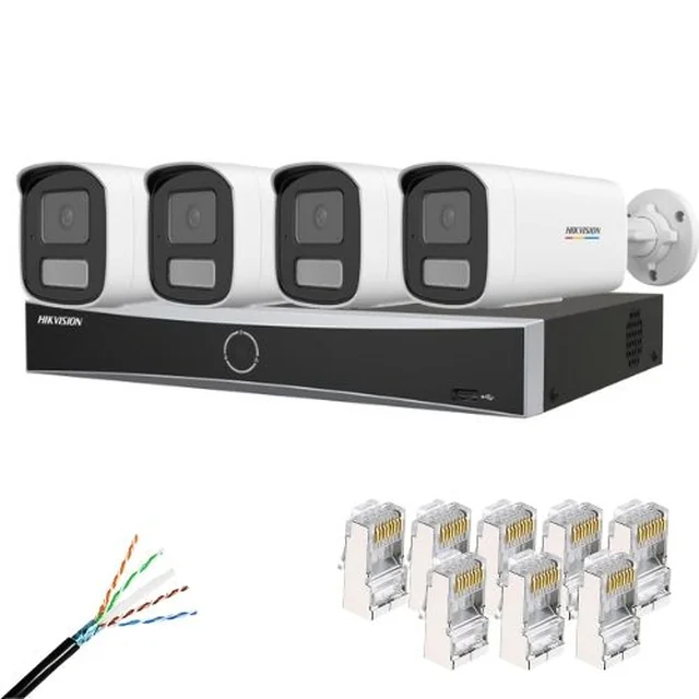 Kit de vigilancia 4 Cámaras IP 4MP Lente 4mm IR 50m Luz blanca 50m Micrófono, NVR 4 Canales PoE 12MP, Cable CAT6 FTP y enchufes