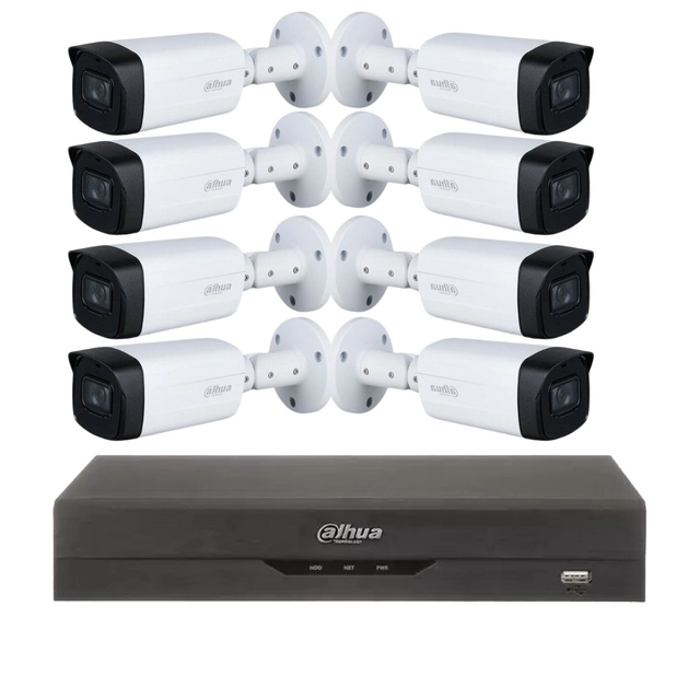 Kit de vigilancia 8 cámaras Dahua, 5MP, IR 80M, lente Starlight 3.6mm,, Dahua DVR 8 canales, 4K, Pentabrid