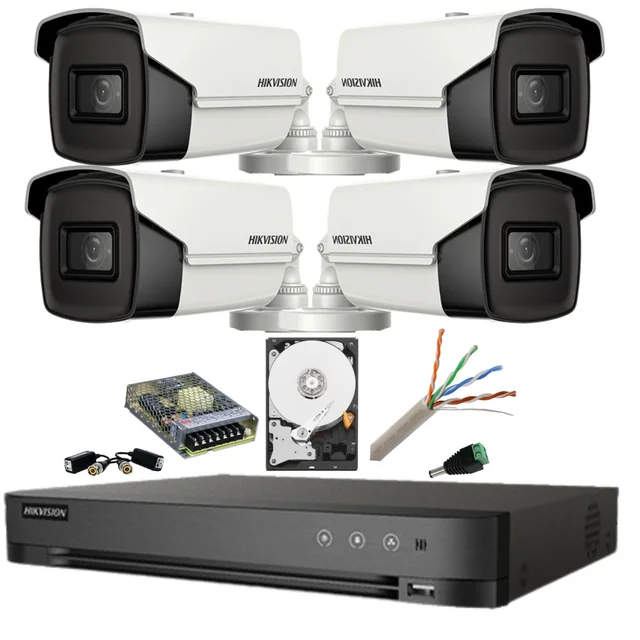 Kit de vigilância 8MP (4k) Hikvision 4 Câmeras IR 80m Lente 3.6mm DVR AcuSense 4 canais Reprodução inteligente HDD 2 TB Acessórios