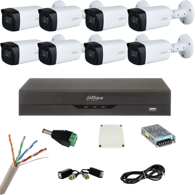Kit de vigilância com 8 câmeras Dahua de 5 Megapixels, IR 80m, Starlight, DVR de 8 canais 8MP, Acessórios