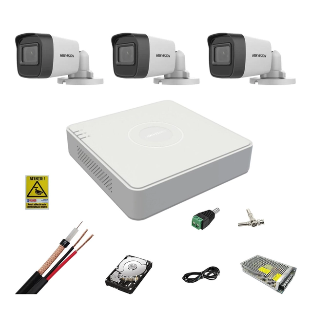 Kit de vigilância completo 5MP Hikvision com 3 câmeras Bullet IR 25m, fontes de alimentação, cabos, plugues, HDD 500 Gb, visualização na Internet