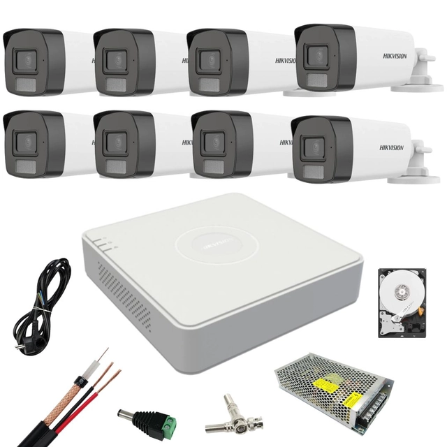 Kit de vigilancia Hikvision 8 Cámaras de luz dual 5 MP Luz blanca 40 IR 40 DVR 8 canales 4 MP Duro, Accesorios incluidos