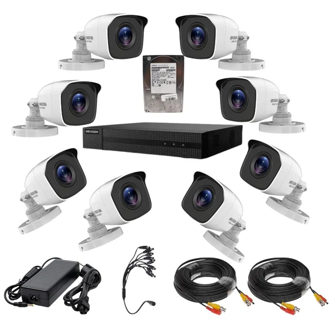 Kit de vigilância Hikvision série HiWatch 8 câmeras 5 megapixels IR 20M Lente 2.8mm DVR TurboHD 8 canais HDD 1TB Acessórios