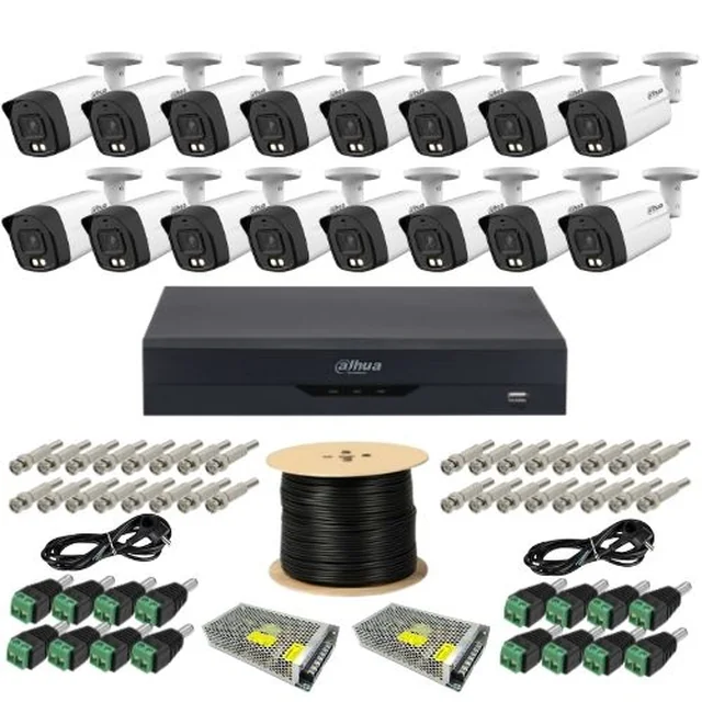 Kit de vigilancia profesional Dahua 16 Cámaras Dual Light 5MP Micrófono IR 40m, DVR 16 canales 5MP WizSense y accesorios de montaje