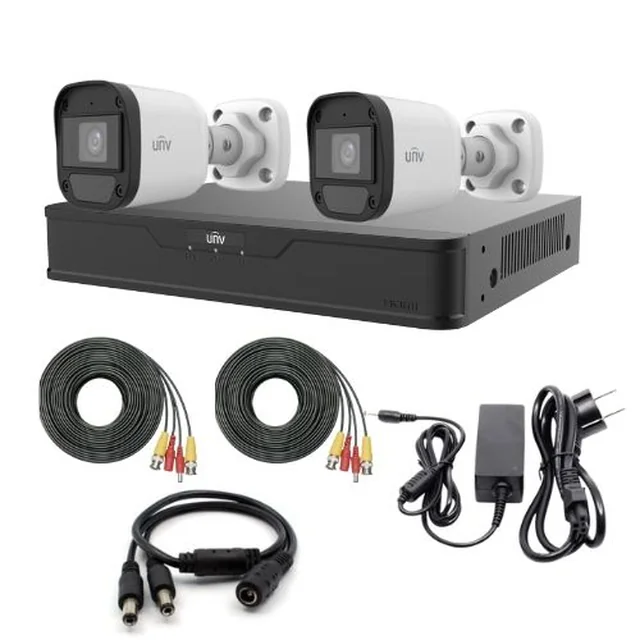 Kit de vigilância Uniview com 2 câmeras 5 MP, áudio, infravermelho 20m, DVR híbrido com 4 canais 5MP, acessórios