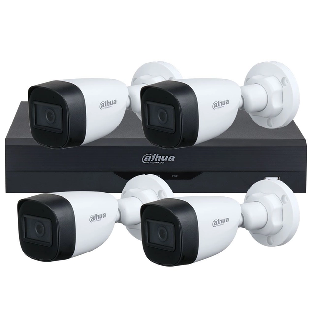 Kit supraveghere 4 camere basic 5 MP, IR 30 M, lentila fixa de 2.8, DVR 4 canale, Dahua cu Wizsense, inteligenta artificiala