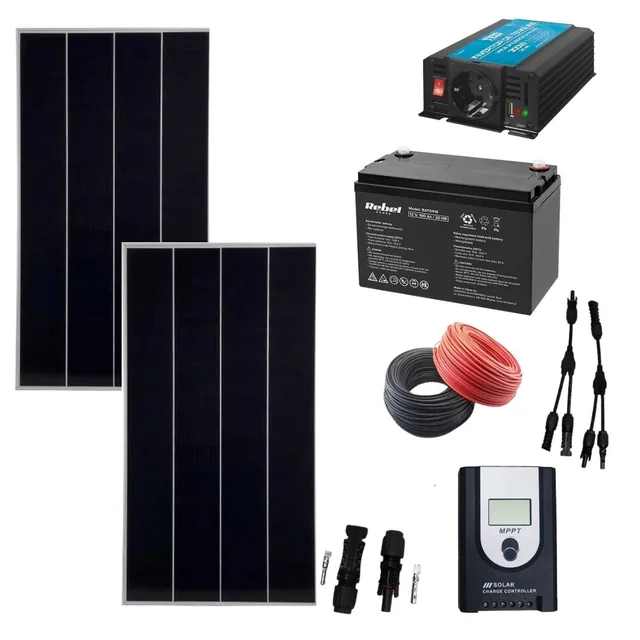 Kit système photovoltaïque complet 340w hors réseau avec onduleur 300w à 220v et accumulateur 12V 100 Ah Rebel Power